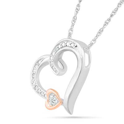 Diamond Accent Beaded Offset Double Tilted Loop Heart Pendant in Sterling Silver and 14K Rose Gold Plate