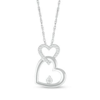 Diamond Accent Beaded Double Interlocking Tilted Heart Outline Pendant in Sterling Silver