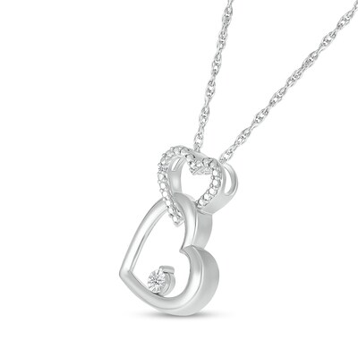 Diamond Accent Beaded Double Interlocking Tilted Heart Outline Pendant in Sterling Silver