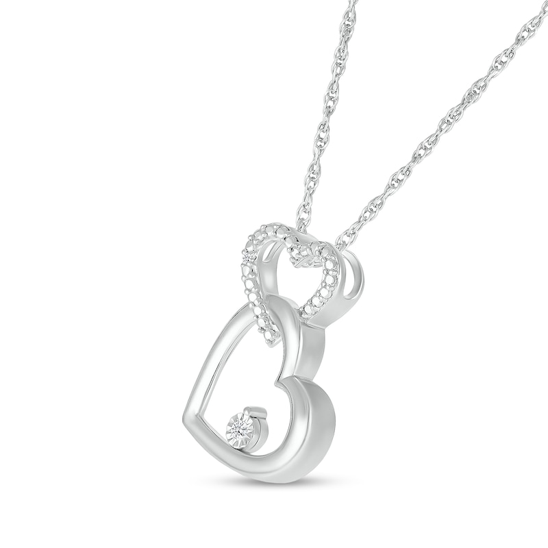 Diamond Accent Beaded Double Interlocking Tilted Heart Outline Pendant in Sterling Silver|Peoples Jewellers