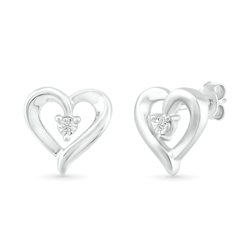 Diamond Accent Solitaire Ribbon Heart Stud Earrings in Sterling Silver|Peoples Jewellers