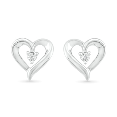 Diamond Accent Solitaire Ribbon Heart Stud Earrings in Sterling Silver