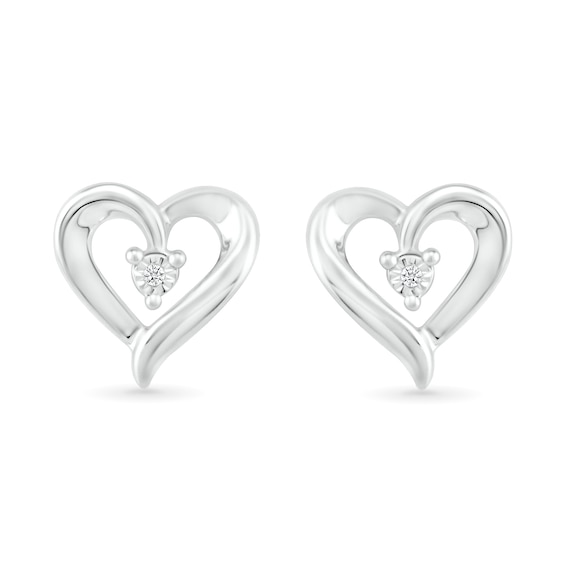 Diamond Accent Solitaire Ribbon Heart Stud Earrings in Sterling Silver