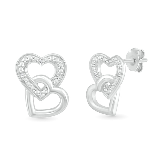 Diamond Accent Beaded Interlocking Tilted Heart Stud Earrings in Sterling Silver