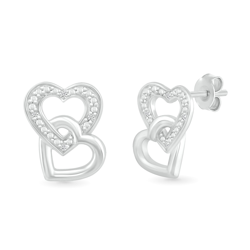 Diamond Accent Beaded Interlocking Tilted Heart Stud Earrings in Sterling Silver|Peoples Jewellers
