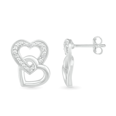 Diamond Accent Beaded Interlocking Tilted Heart Stud Earrings in Sterling Silver