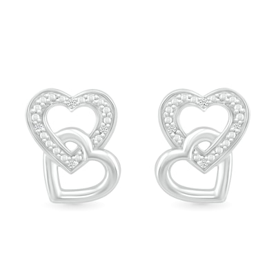 Diamond Accent Beaded Interlocking Tilted Heart Stud Earrings in Sterling Silver