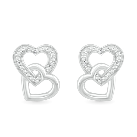 Diamond Accent Beaded Interlocking Tilted Heart Stud Earrings in Sterling Silver