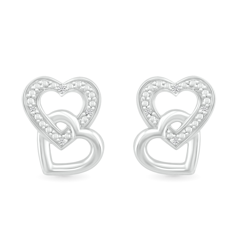 Diamond Accent Beaded Interlocking Tilted Heart Stud Earrings in Sterling Silver|Peoples Jewellers
