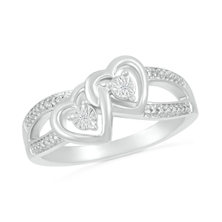 Diamond Accent Beaded Tilted Interlocking Hearts Split Shank Ring in Sterling Silver