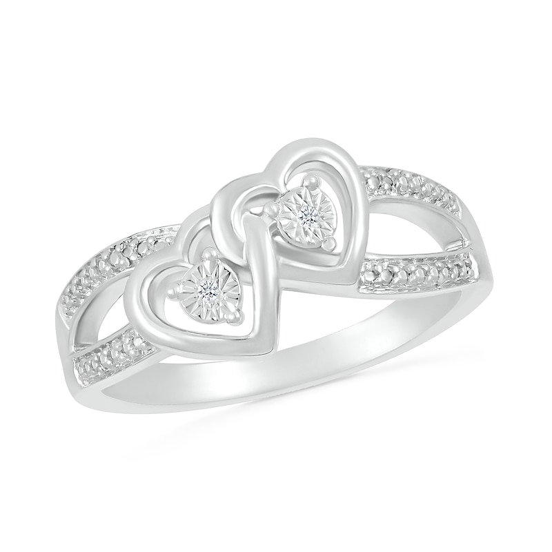 Diamond Accent Beaded Tilted Interlocking Hearts Split Shank Ring in Sterling Silver|Peoples Jewellers
