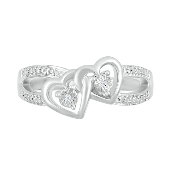 Diamond Accent Beaded Tilted Interlocking Hearts Split Shank Ring in Sterling Silver