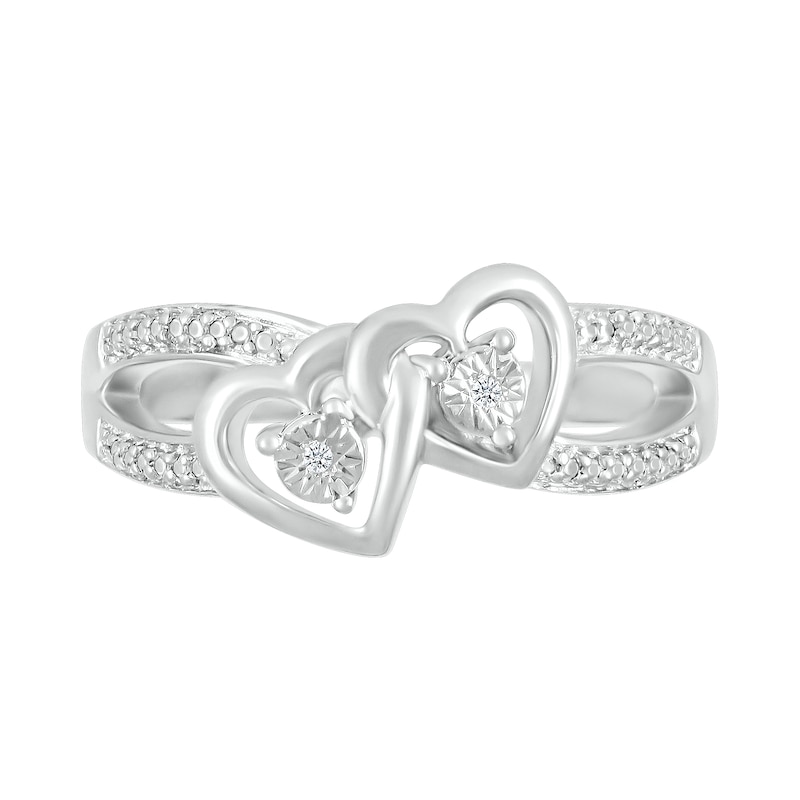 Diamond Accent Beaded Tilted Interlocking Hearts Split Shank Ring in Sterling Silver|Peoples Jewellers