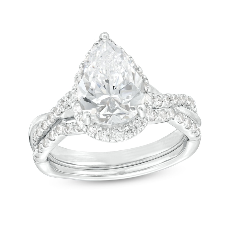 2.50 CT. T.W. Certified Pear-Shaped Lab-Created Diamond Frame Crossover Split Shank Bridal Set in 14K White Gold (F/SI2)