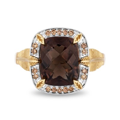 Enchanted Disney Pocahontas Smoky Quartz and 0.18 CT. T.W. Champagne Diamond Frame Ring in Sterling Silver and 10K Gold