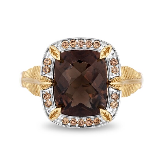 Enchanted Disney Pocahontas Smoky Quartz and 0.18 CT. T.W. Champagne Diamond Frame Ring in Sterling Silver and 10K Gold