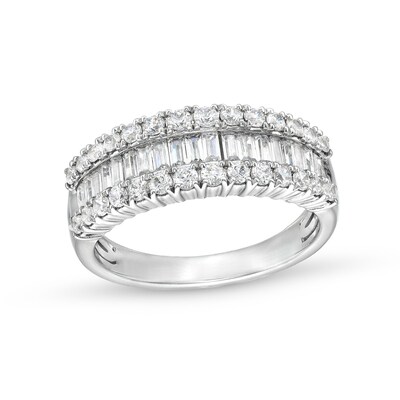 1.00 CT. T.W. Baguette and Round Diamond Triple Row Anniversary Band in 14K White Gold