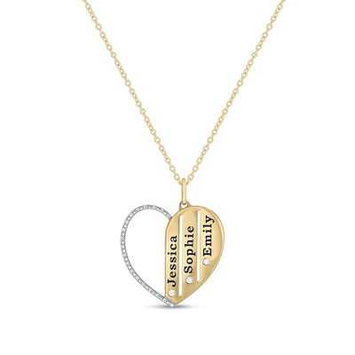 0.085 CT. T.W. Diamond Alternating Beaded Frame Engravable Heart Pendant in Sterling Silver with 14K Gold Plate (3 Lines)