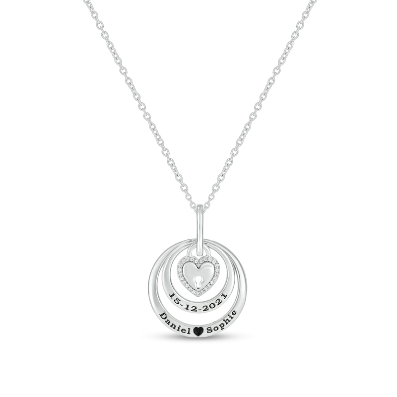 0.085 CT. T.W. Diamond Engravable Double Circle with Heart Lock Pendant in Sterling Silver (1-2 Lines)|Peoples Jewellers