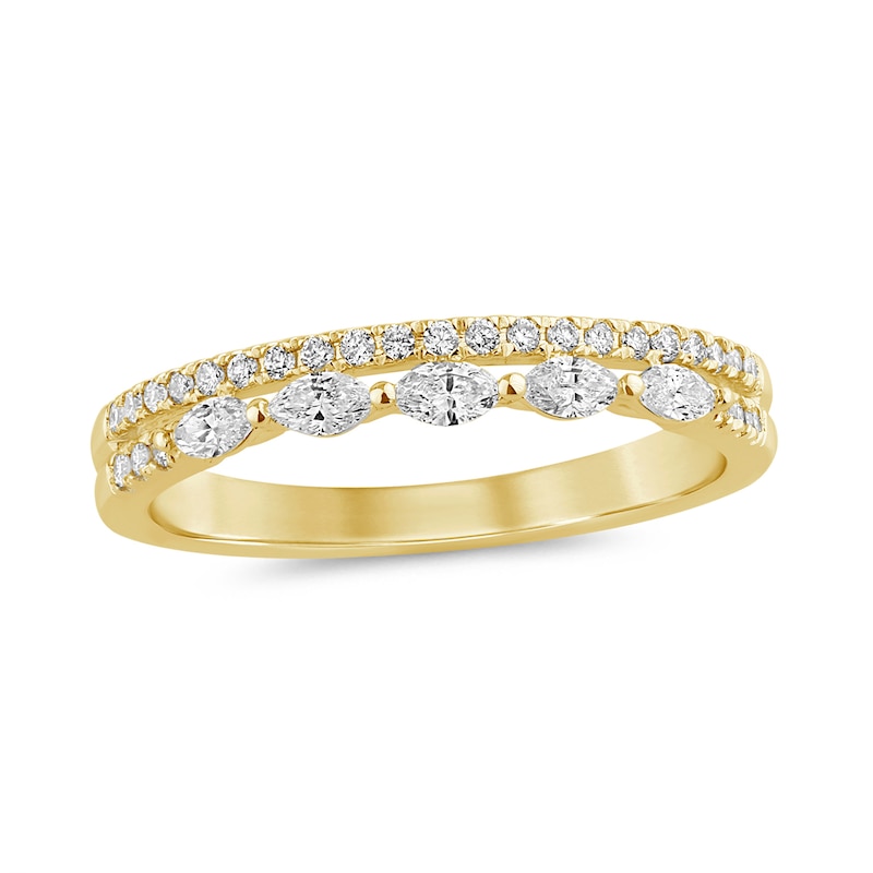 0.29 CT. T.W. Marquise and Round Diamond Sideways Five Stone Double Row Split Shank Anniversary Band in 14K Gold