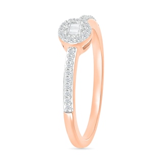 0.145 CT. T.W. Baguette and Round Diamond Frame Two Stone Promise Ring in 10K Rose Gold