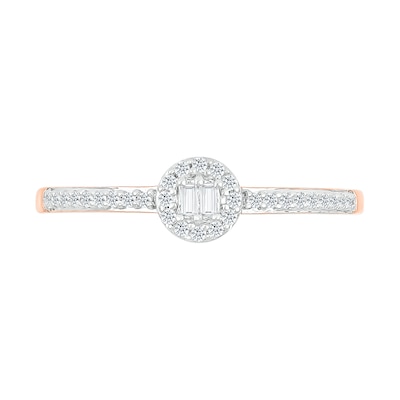 0.145 CT. T.W. Baguette and Round Diamond Frame Two Stone Promise Ring in 10K Rose Gold