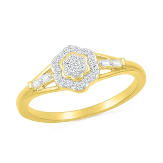 0.115 CT. T.W. Baguette and Round Diamond Flower Frame Promise Ring in 10K Gold