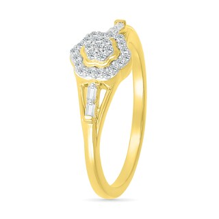 0.115 CT. T.W. Baguette and Round Diamond Flower Frame Promise Ring in 10K Gold