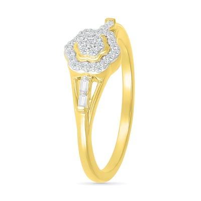 0.115 CT. T.W. Baguette and Round Diamond Flower Frame Promise Ring in 10K Gold