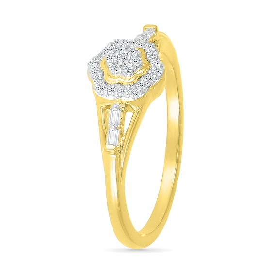 0.115 CT. T.W. Baguette and Round Diamond Flower Frame Promise Ring in 10K Gold