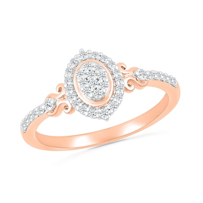 0.18 CT. T.W. Oval Multi-Diamond Frame Scroll Shank Promise Ring in 10K Rose Gold