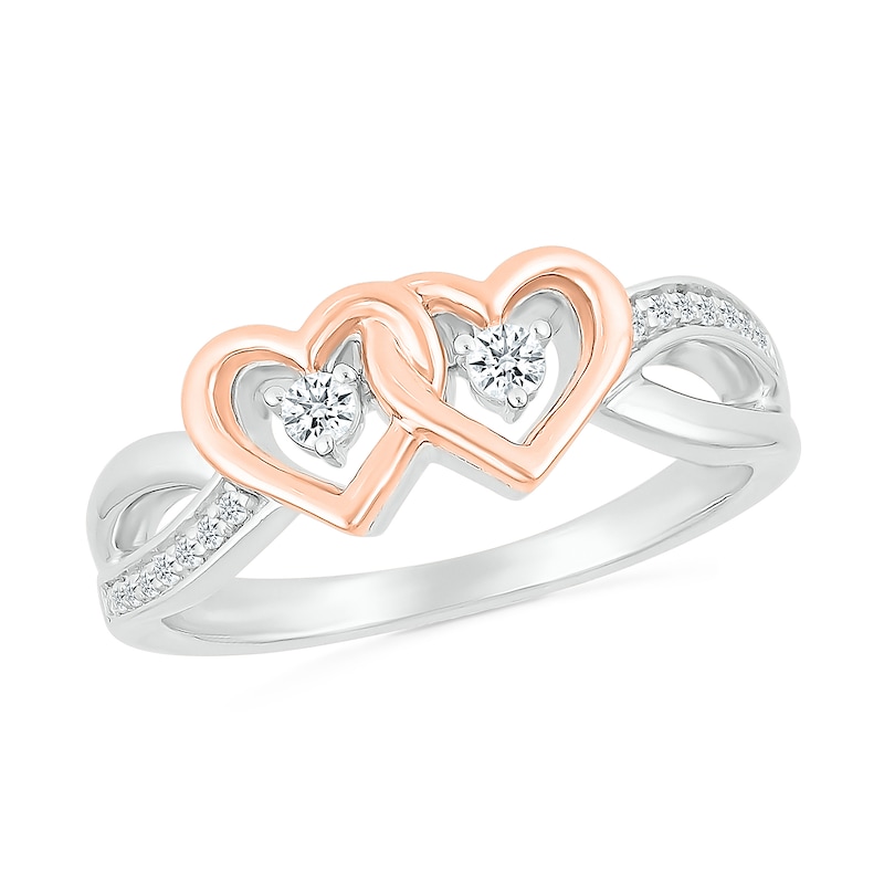 0.115 CT. T.W. Diamond Interlocking Hearts Split Shank Promise Ring in Sterling Silver and 14K Rose Gold Plate|Peoples Jewellers