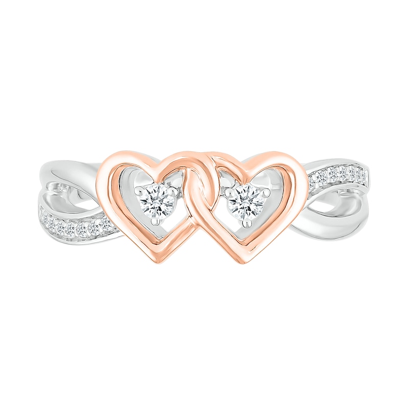 0.115 CT. T.W. Diamond Interlocking Hearts Split Shank Promise Ring in Sterling Silver and 14K Rose Gold Plate