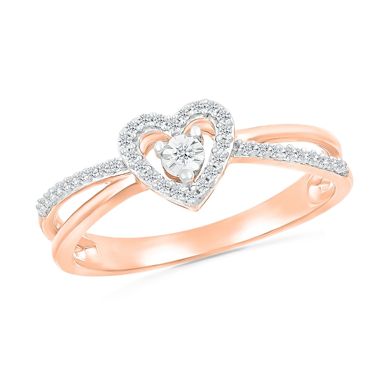 0.115 CT. T.W. Diamond Heart Frame Criss-Cross Promise Ring in 10K Rose Gold
