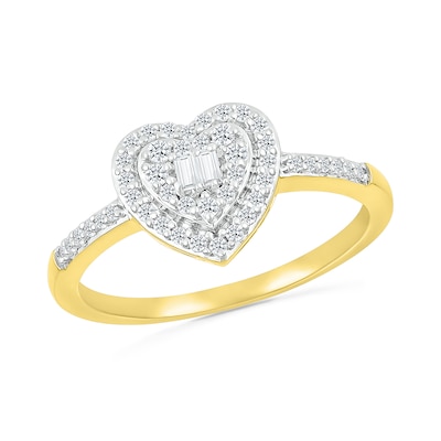 0.23 CT. T.W. Baguette and Round Diamond Double Heart Frame Promise Ring in 10K Gold