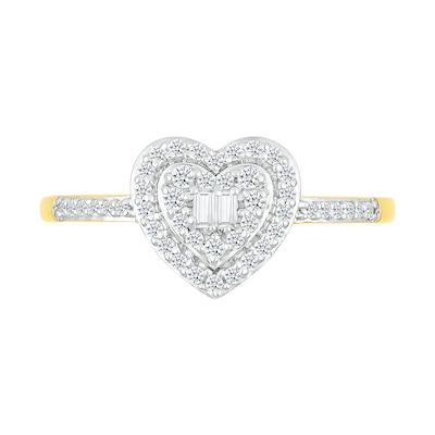 0.23 CT. T.W. Baguette and Round Diamond Double Heart Frame Promise Ring in 10K Gold