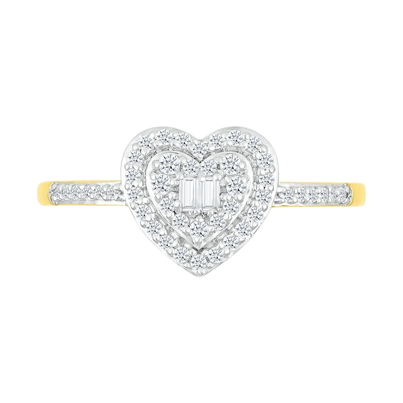 0.23 CT. T.W. Baguette and Round Diamond Double Heart Frame Promise Ring in 10K Gold