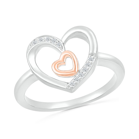 0.04 CT. T.W. Diamond Large and Tilted Small Heart Promise Ring in Sterling Silver and 10K Rose Gold