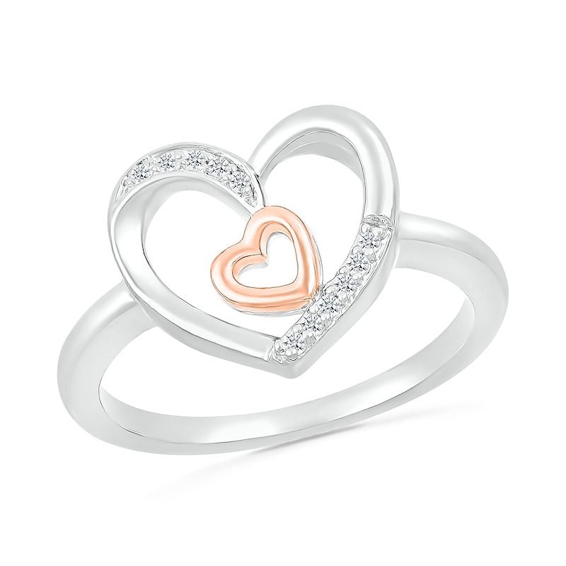 0.04 CT. T.W. Diamond Large and Tilted Small Heart Promise Ring in Sterling Silver and 10K Rose Gold|Peoples Jewellers