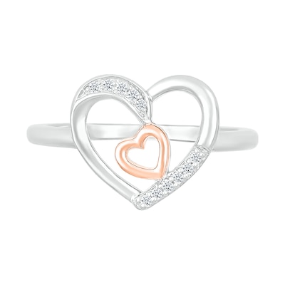 0.04 CT. T.W. Diamond Large and Tilted Small Heart Promise Ring in Sterling Silver and 10K Rose Gold