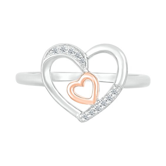 0.04 CT. T.W. Diamond Large and Tilted Small Heart Promise Ring in Sterling Silver and 10K Rose Gold