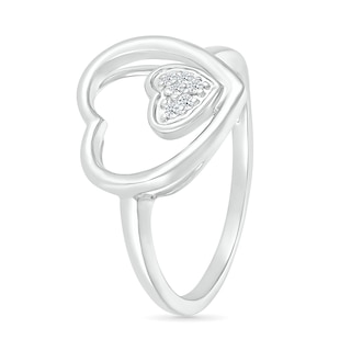 0.04 CT. T.W. Heart-Shaped Multi-Diamond Large and Small Open Frame Tilted Heart Promise Ring in Sterling Silver