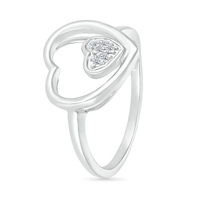 0.04 CT. T.W. Heart-Shaped Multi-Diamond Large and Small Open Frame Tilted Heart Promise Ring in Sterling Silver