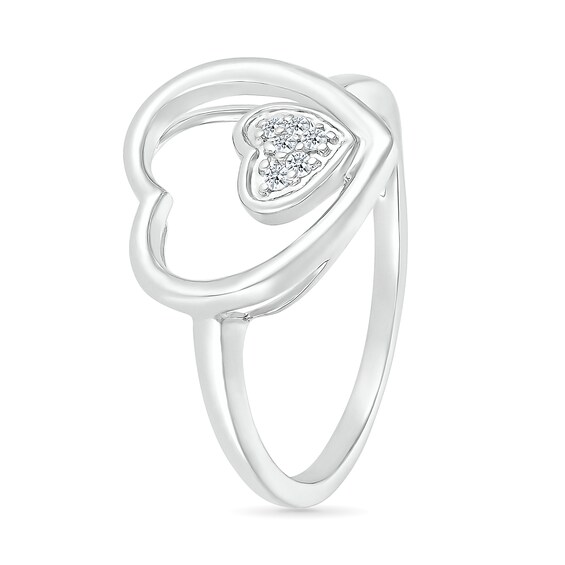 0.04 CT. T.W. Heart-Shaped Multi-Diamond Large and Small Open Frame Tilted Heart Promise Ring in Sterling Silver