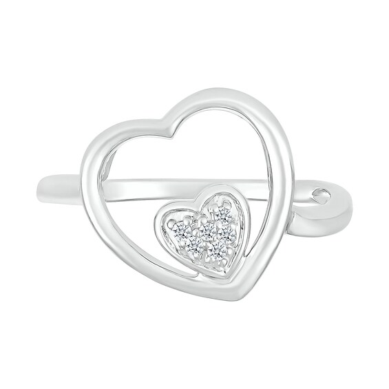 0.04 CT. T.W. Heart-Shaped Multi-Diamond Large and Small Open Frame Tilted Heart Promise Ring in Sterling Silver