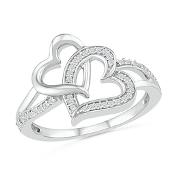 0.145 CT. T.W. Diamond Tilted and Sideways Double Interlocking Hearts Split Shank Promise Ring in Sterling Silver