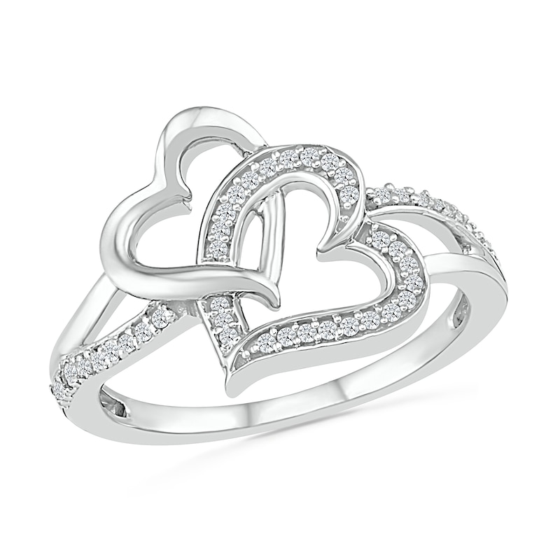 0.145 CT. T.W. Diamond Tilted and Sideways Double Interlocking Hearts Split Shank Promise Ring in Sterling Silver|Peoples Jewellers