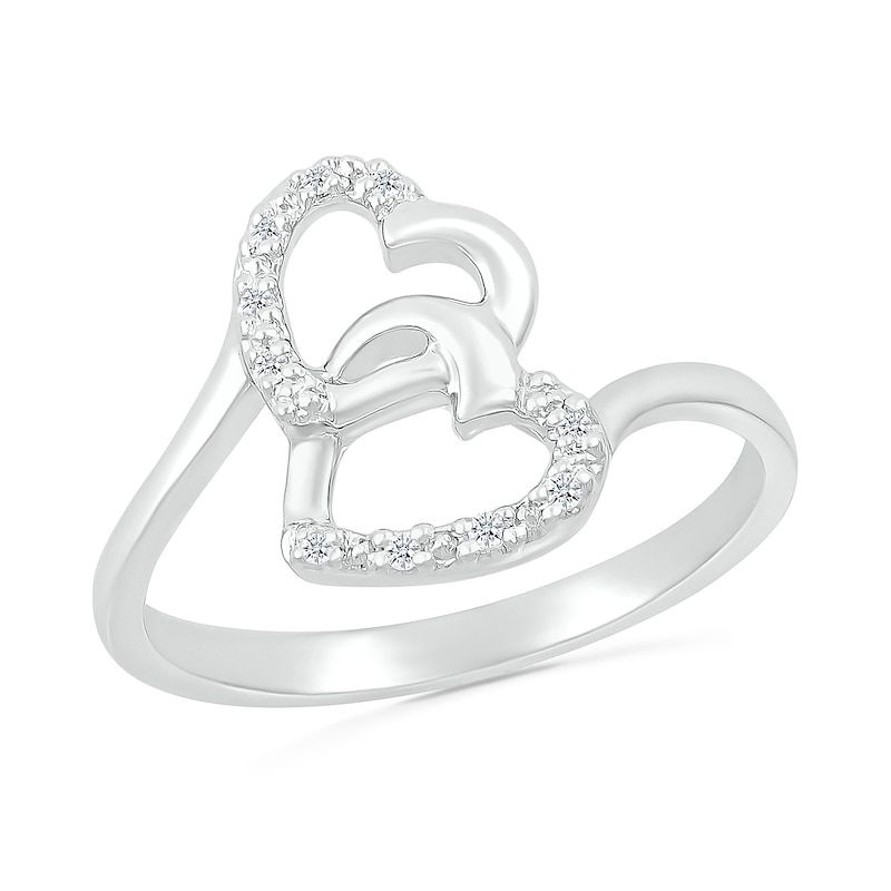 0.04 CT. T.W. Diamond Titled Interlocking Hearts Promise Ring in Sterling Silver