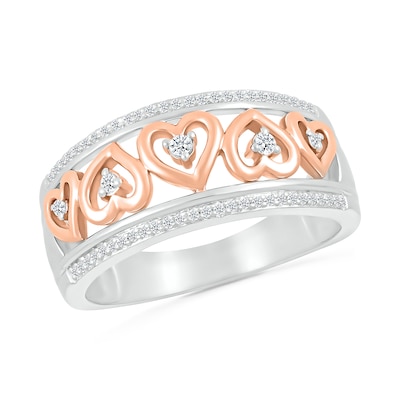 0.145 CT. T.W. Diamond Alternating Heart Frame Promise Ring in Sterling Silver and 14K Rose Gold Plate