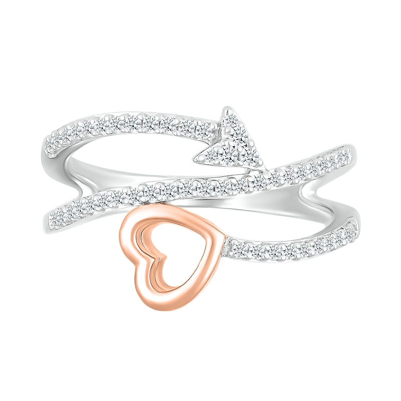 Main Image 3 of 0.23 CT. T.W. Diamond Sideways Heart Arrow Split Shank Promise Ring in Sterling Silver and 10K Rose Gold